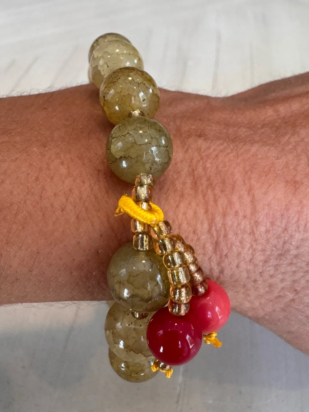 Green & Brown Dragon Vein Agate-Style Beaded Stretch Bracelet w/Red Dangle Charm